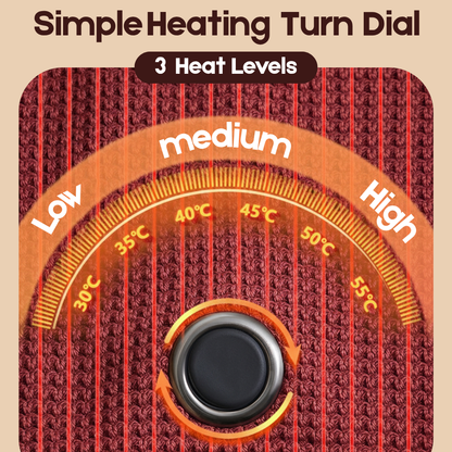 Heating turn dial with 'Low', 'Medium', and 'High' labels and temperature markings on a textured background.