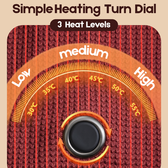 Heating turn dial with 'Low', 'Medium', and 'High' labels and temperature markings on a textured background.
