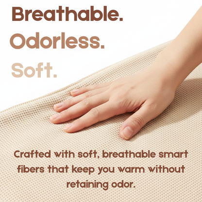 Hand touching a textured fabric with text highlighting breathable, odorless, and soft properties.